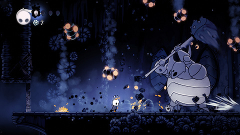 A 2D side-scrolling screenshot of the Knight in a subterranean environment