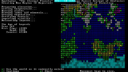 A screen of colored ASCII-style symbols forming continents and terrain during world generation.