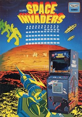 A promotional arcade flyer depicting the game's descending alien invaders and laser cannon