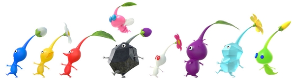 A group of small plant-animal creatures with stems and leaf-like sprouts growing from their heads, standing together in varied colors.