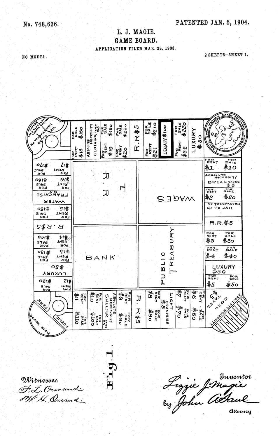 Line drawing of the square board from Lizzie Magie's 1904 U.S. patent