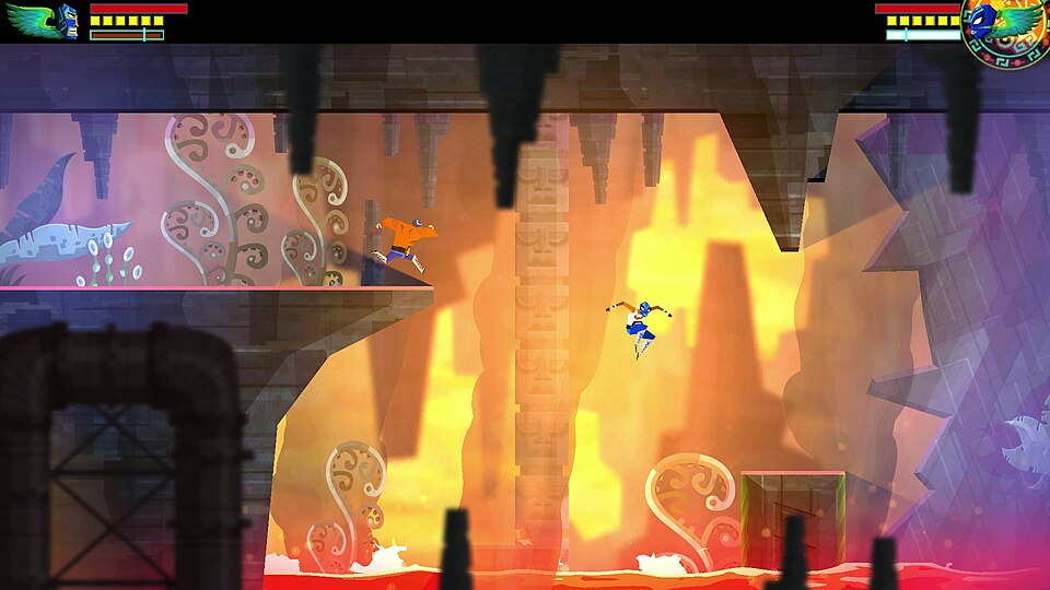 A colorful 2D side-scrolling action game screenshot showing a masked luchador character in a stylized world