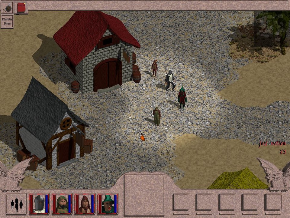 Overhead screenshot of a role-playing game with a character on a tiled dungeon map.