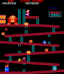 A pixelated arcade screen showing a character on angled girders and ladders, with an ape at the top left beside a captive figure and barrels rolling down the platforms