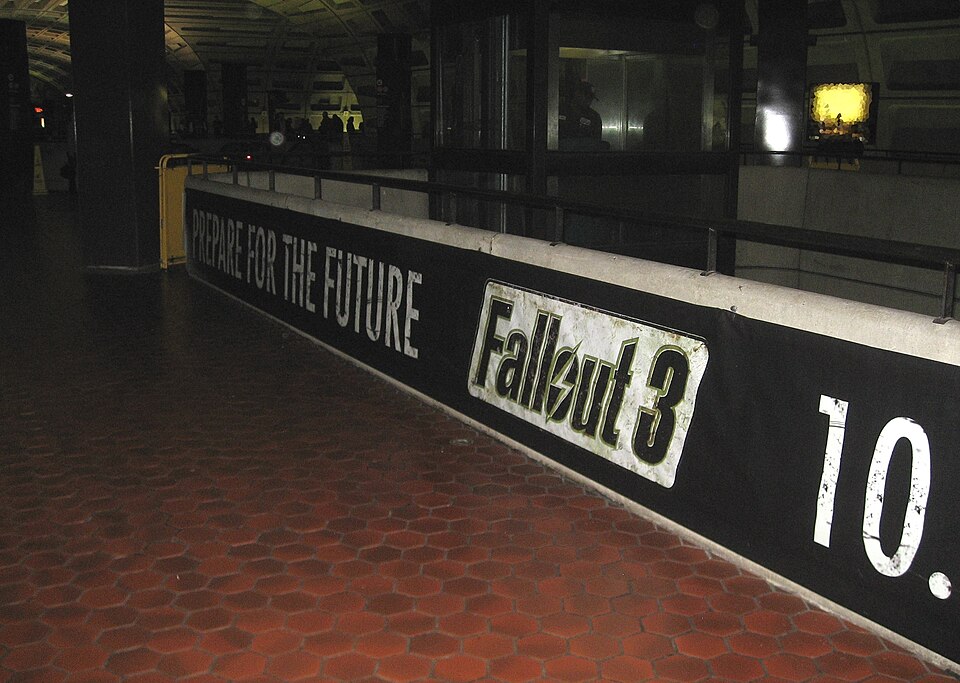 Fallout 3 banner advertising in a subway station