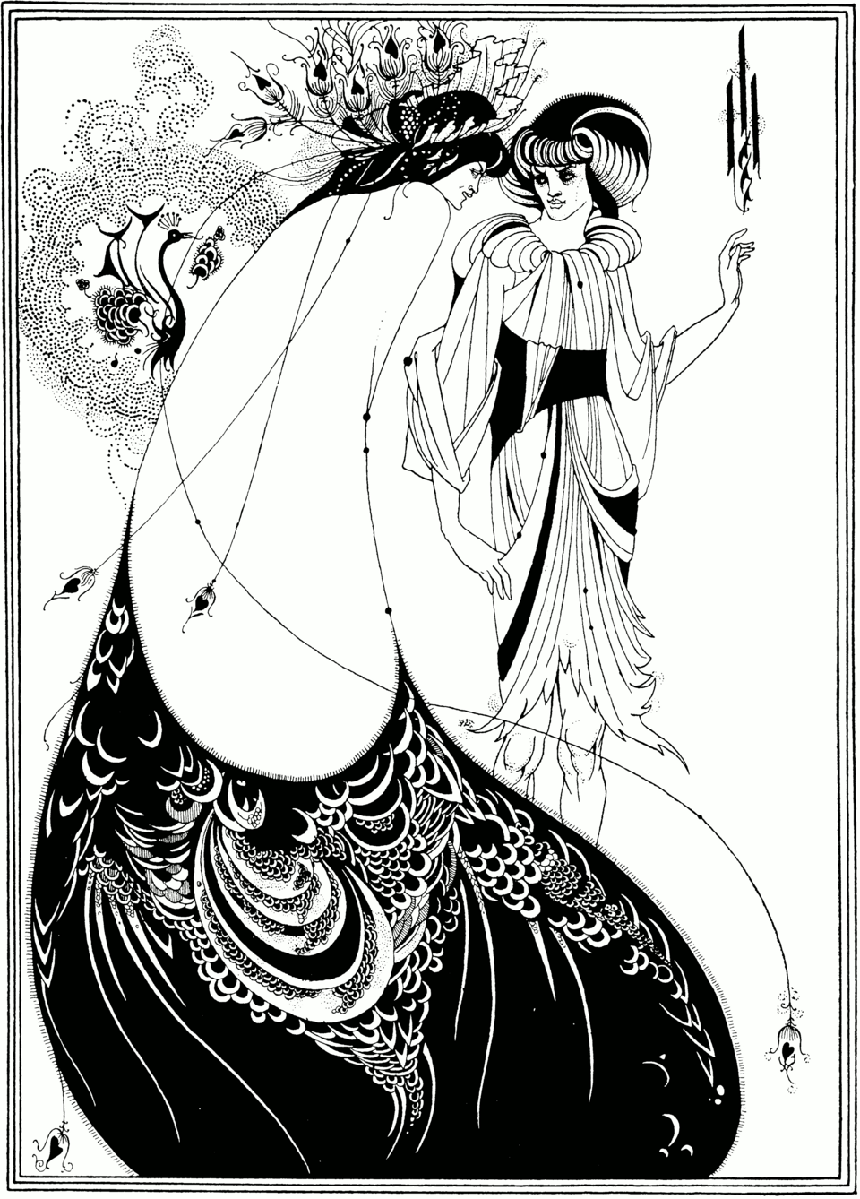 Black-and-white illustration of a robed woman facing a peacock-feathered figure, drawn in flowing decorative lines.