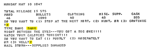 Screenshot of the original teletype-era text output of The Oregon Trail.