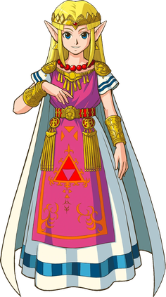 Pixel-art illustration of Princess Zelda, a young woman with fair hair wearing royal attire, in a retro video game style