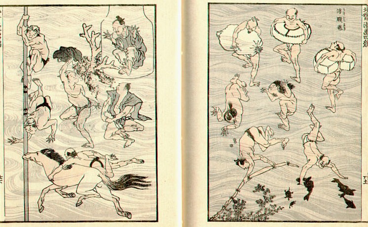 Woodblock-printed sketchbook page of many figures bathing and diving