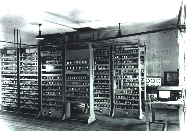 Racks of electronic valves and equipment making up the EDSAC computer.