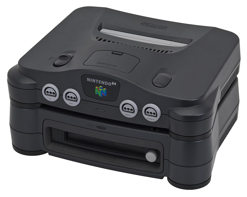 Photograph of the Nintendo 64DD attached beneath a Nintendo 64 console
