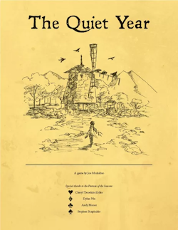 Box cover illustration for the tabletop game The Quiet Year showing a lighthouse and tent