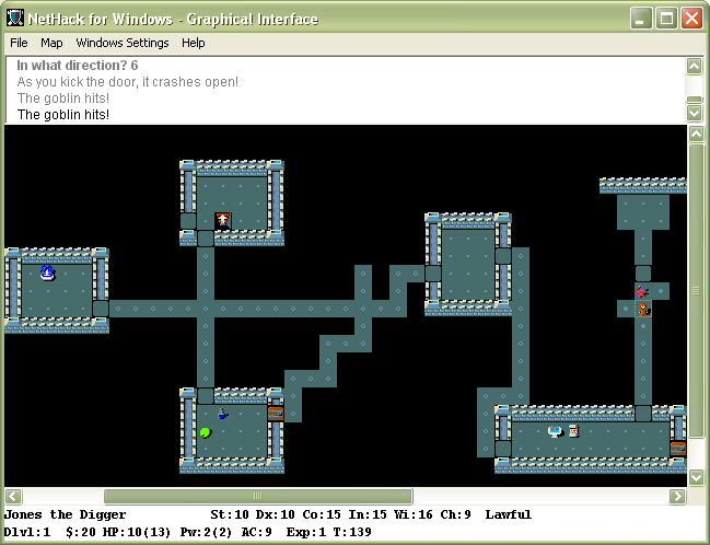 Screenshot of NetHack for Windows showing a tiled dungeon view