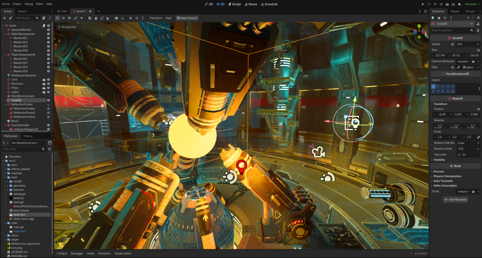 Screenshot of the Godot Engine showing a three-dimensional scene under construction