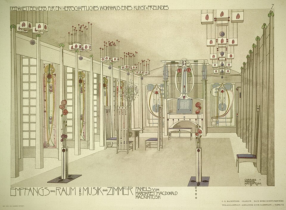 Architectural drawing of a house facade in restrained geometric Art Nouveau style.