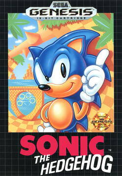 Video game box art showing a blue cartoon hedgehog with a red-and-white shoe striking a pose, above the title "Sonic the Hedgehog" on a checkered background