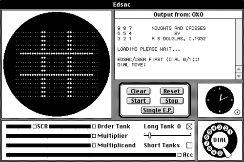 A grid of noughts and crosses rendered on an emulated cathode ray tube display.