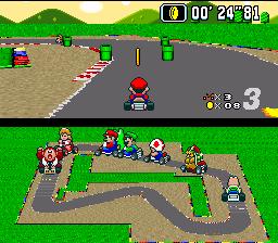 Screenshot of two karts racing on a Mode 7 track|