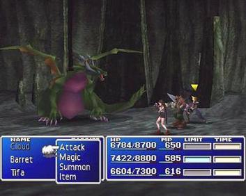 A video game battle screen showing a party of characters facing enemies, with menu commands and status bars displayed along the bottom of the screen