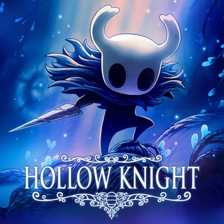 Cover art showing the Knight, a horned insectoid figure, in the ruined kingdom of Hallownest