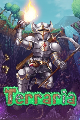 Colorful pixel-art artwork showing a character in a landscape with the title "Terraria"