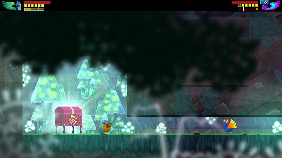 A 2D side-scrolling action platformer screenshot with a masked character in a colorful environment