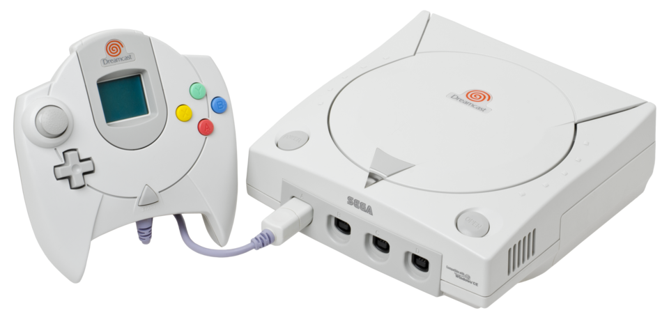 A white Sega Dreamcast console with controller.