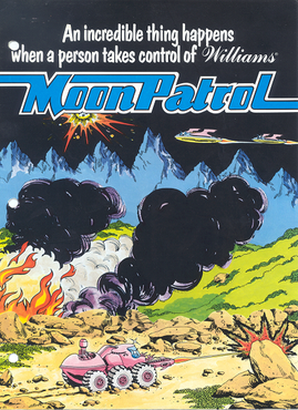 A promotional arcade flyer depicting the Moon Patrol lunar buggy and cratered terrain|