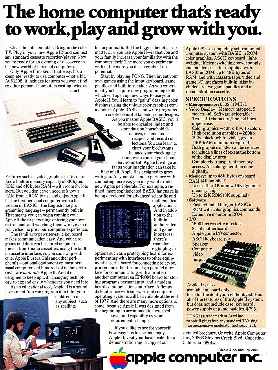 Printed magazine advertisement page describing Apple II features.