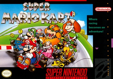 Box art showing Mario, Luigi, Princess Toadstool, and others racing go-karts|
