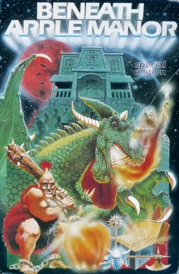 A boxed cover illustration for the 1978 Apple II game Beneath Apple Manor.