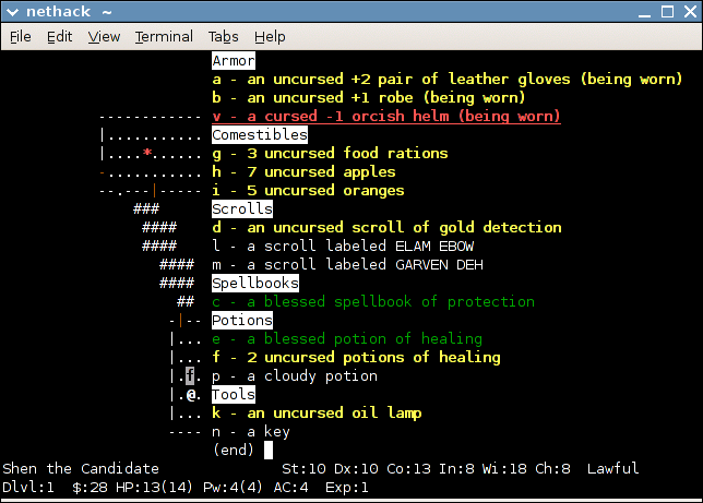 A NetHack inventory listing of items belonging to a Monk character