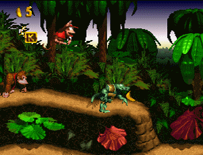 Screenshot of Donkey Kong in a tropical side-scrolling level|