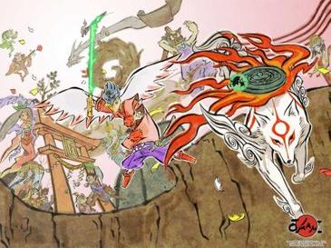 Screenshot of Ōkami showing the tiny sidekick Issun beside the white wolf|