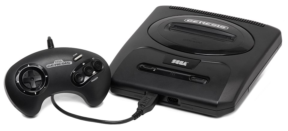 A black Sega Genesis console with a three-button game controller.
