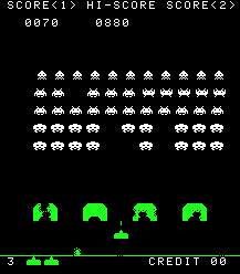 Animated screenshot of Space Invaders arcade gameplay with a laser cannon firing at descending aliens