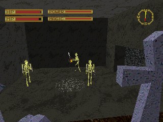 Screenshot of a first-person view down a stone corridor with an enemy ahead
