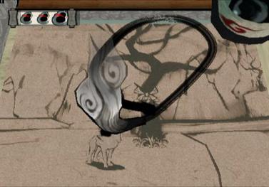 Screenshot of Ōkami's Celestial Brush drawing a stroke across the frozen game world|
