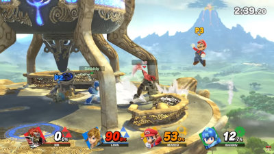 Four fighters battling on a floating stage in Super Smash Bros. Ultimate.