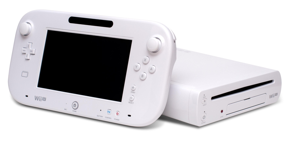 A white Wii U console standing beside its tablet-style GamePad controller with a central touch screen