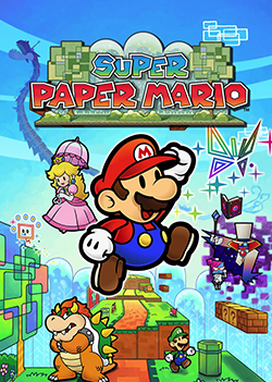 Box art showing Mario amid the paper-styled world of Super Paper Mario|