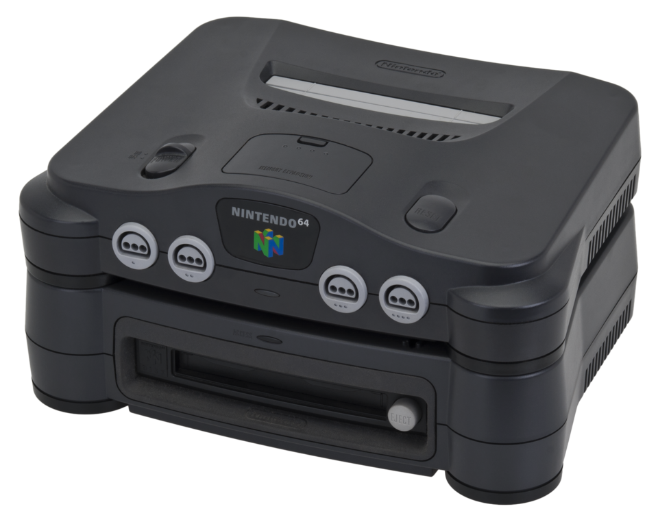 A gray disk-drive unit attached to the underside of a Nintendo 64 console.