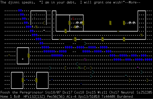 A NetHack screen drawn in text characters showing a dungeon room and status lines