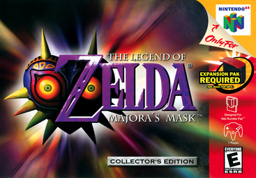 Box art showing Link's face reflected in the fanged, heart-shaped Majora's Mask