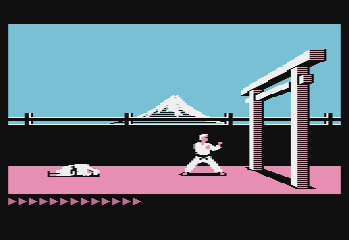 Side-scrolling fighting gameplay from Karateka on Atari hardware