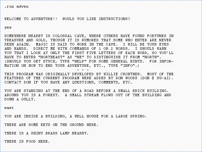 Printed teletype output showing text-adventure prose from Colossal Cave Adventure.
