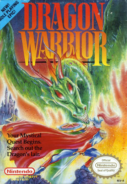 A video game box or cartridge label bearing the title "Dragon Warrior"