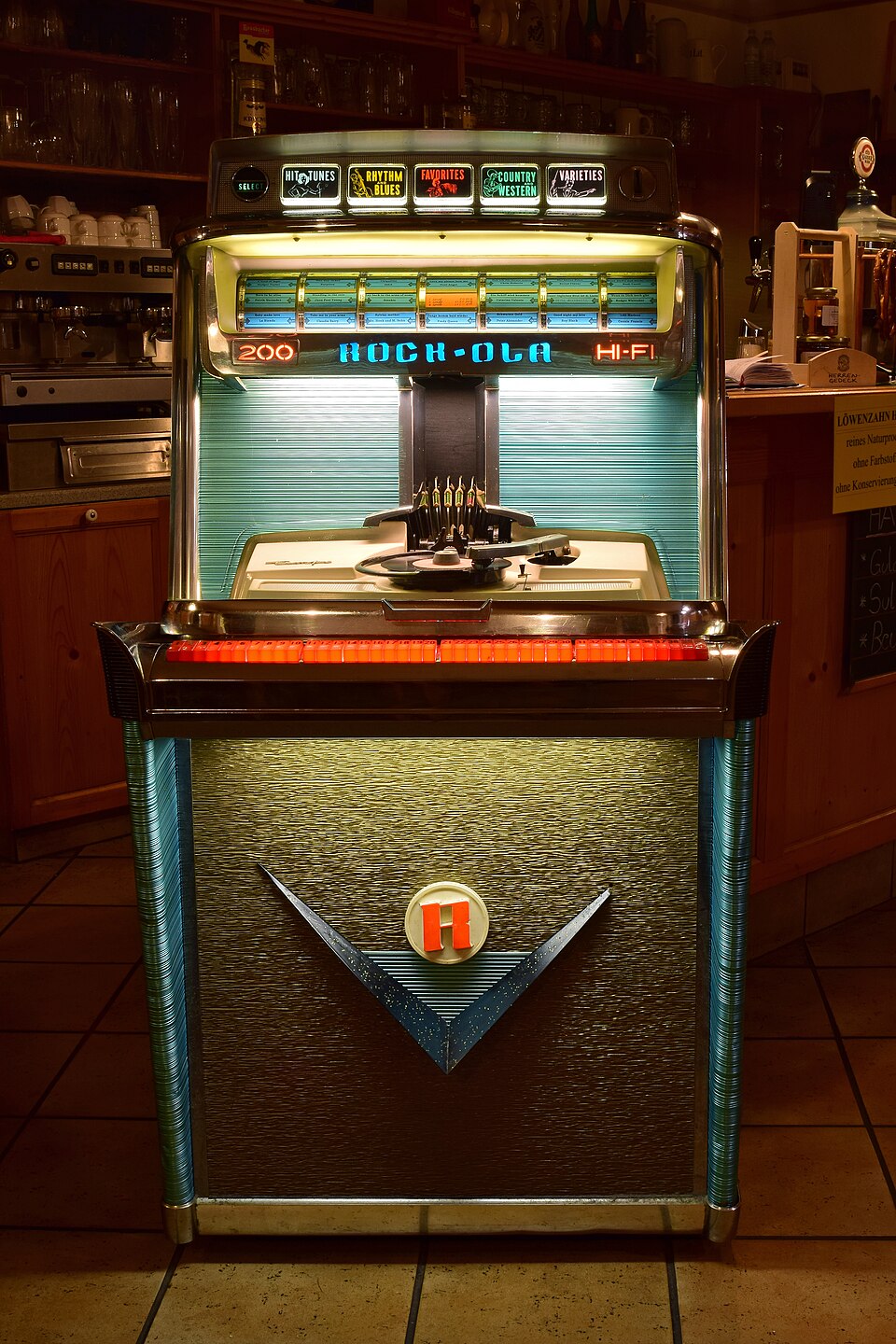 A vintage Rock-Ola jukebox in a tavern