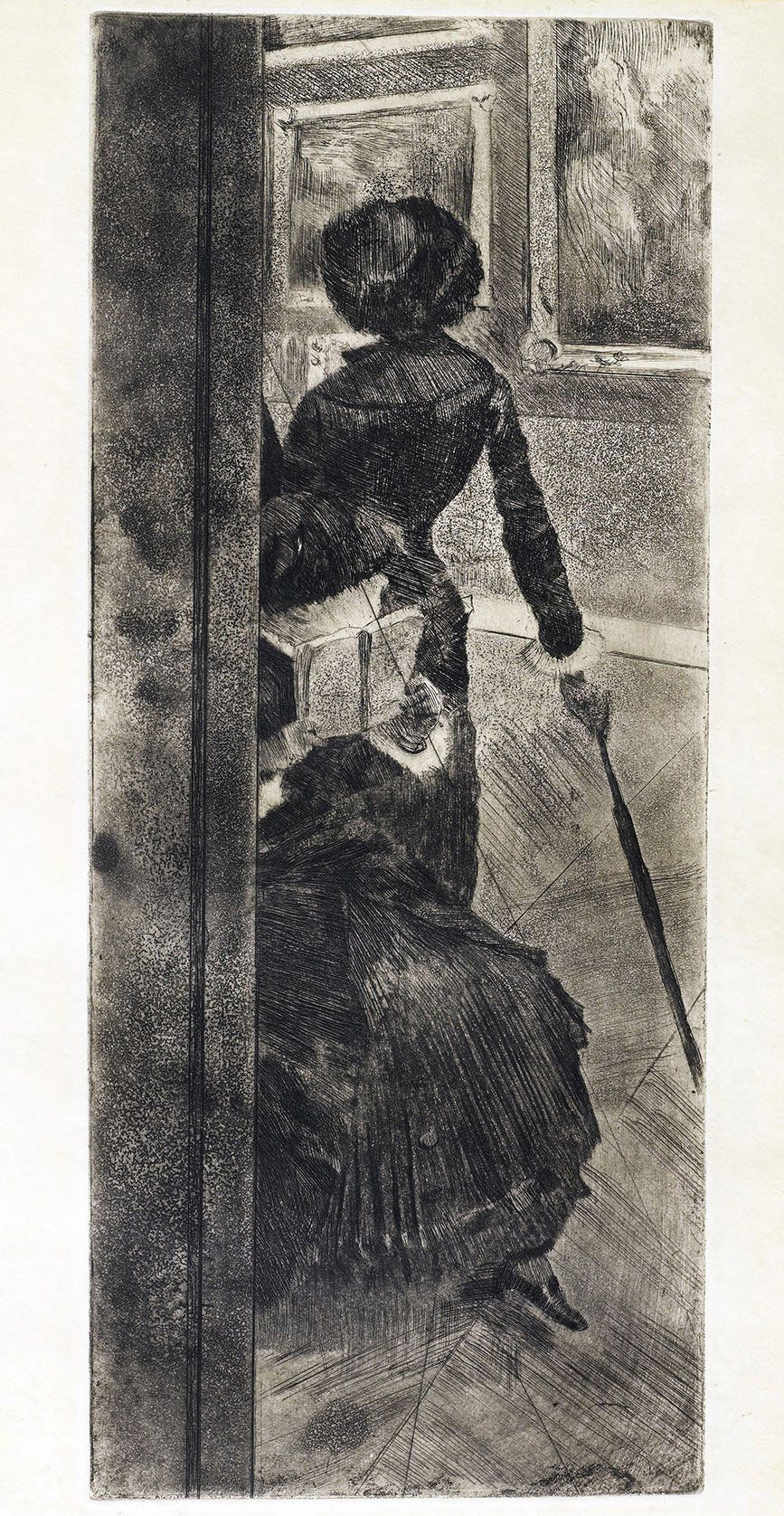 Etching of a standing woman viewing paintings at the Louvre|
