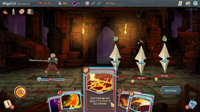 Screenshot of Slay the Spire combat with cards, energy, and enemy intents